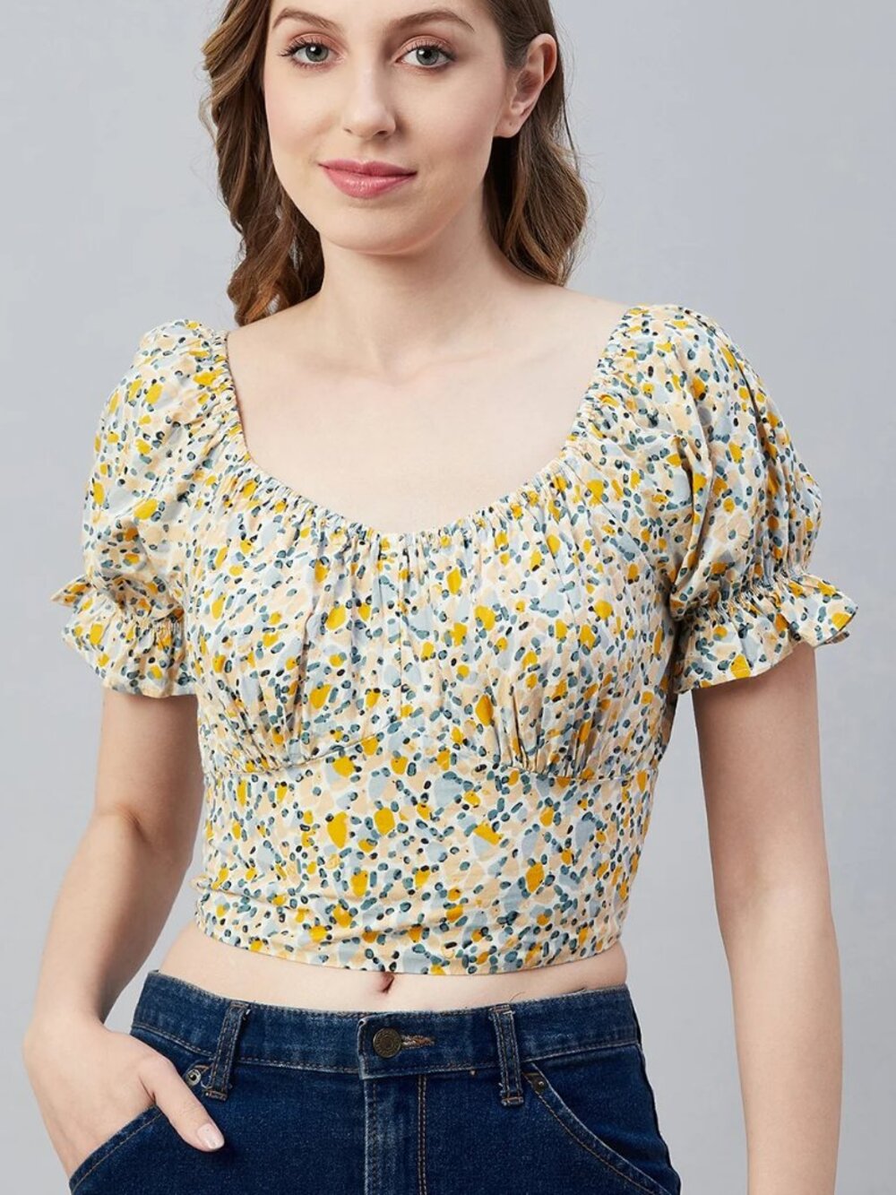 Sim & Sam Smocked Puff Sleeve Crop Top Yellow Floral Blouse Boho Cottagecore S